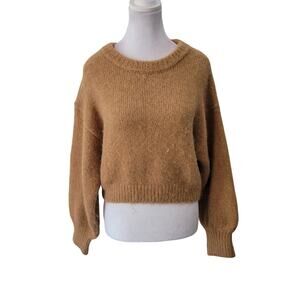 Zara Size S Cropped Sweater Knit Drop Shoulder Balloon Sleeve Neutral Beige